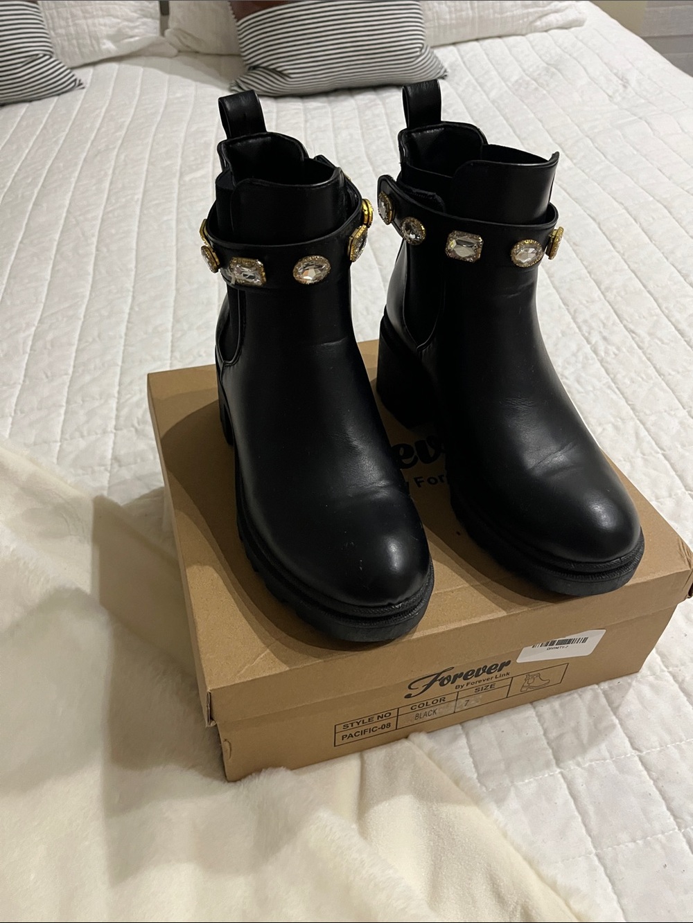 Forever Link Black Ankle Boots with Crystal-Embellished Strap